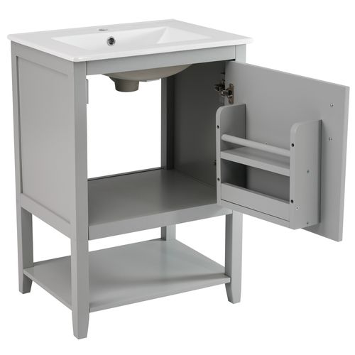 Meuble Lavabo 60 Cm En Mdf Gris, Vasque Céramique Brillante Et Grand Rangement