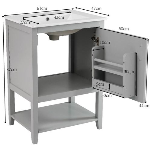 Meuble Lavabo 60 Cm En Mdf Gris, Vasque Céramique Brillante Et Grand Rangement