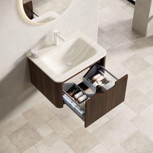 Meuble Vasque Mural 60 Cm En Pierre Frittée Travertin, Placage Noyer, Vasque Intégrée