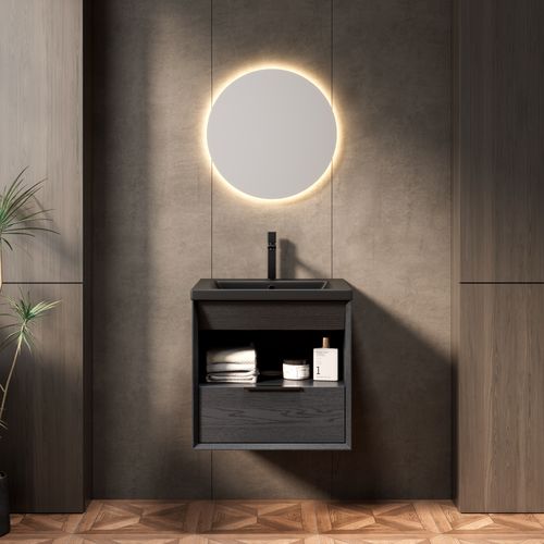 Meuble Vasque Intégré En Céramique Noir Mat, Placage Chêne Foncé, Tiroir Soft-close