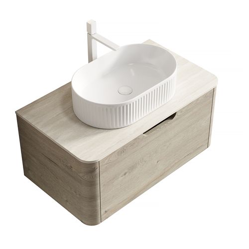 Meuble Vasque Mural 80 Cm En Travertin Et Céramique, Caisson Contreplaqué Chêne Crème Finition Beige