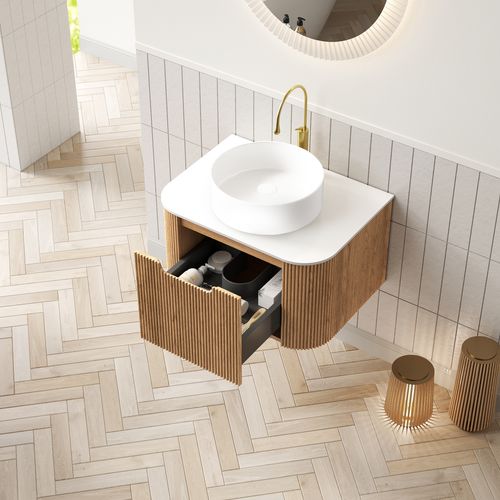 Meuble De Salle De Bain Suspendu 61 Cm En Bois Naturel, Vasque Céramique 36 Cm Et Plan En Pierre