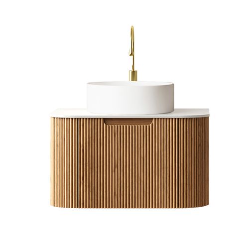 Meuble De Salle De Bain Suspendu 61 Cm En Bois Naturel, Vasque Céramique 36 Cm Et Plan En Pierre