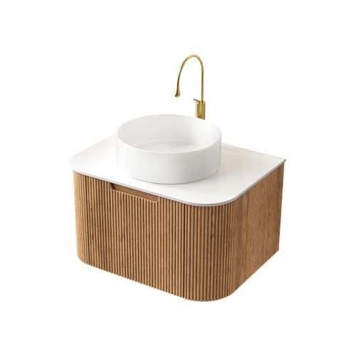 Meuble De Salle De Bain Suspendu 61 Cm En Bois Naturel, Vasque Céramique 36 Cm Et Plan En Pierre