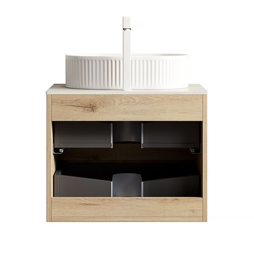 Meuble Lavabo Suspendu 60 Cm Chêne Clair Avec Vasque Ovale En Céramique Et Plan Travertin