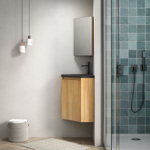 Meuble Vasque Mural D'angle Triangulaire, Vasque Intégrée Résine Noire Mate, Porte Bois