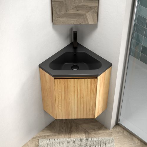 Meuble Vasque Mural D'angle Triangulaire, Vasque Intégrée Résine Noire Mate, Porte Bois