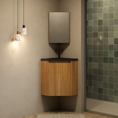 Meuble Vasque Mural D'angle Triangulaire, Vasque Intégrée Résine Noire Mate, Porte Bois