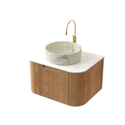 Meuble-lavabo Mural Bois Naturel/blanc, Vasque Ronde En Céramique Et Plan En Pierre Sintrée