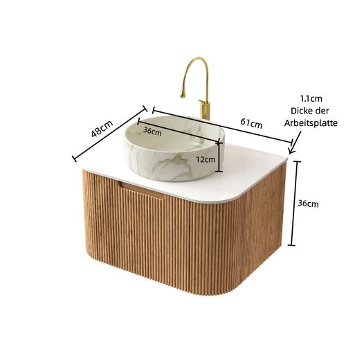 Meuble-lavabo Mural Bois Naturel/blanc, Vasque Ronde En Céramique Et Plan En Pierre Sintrée