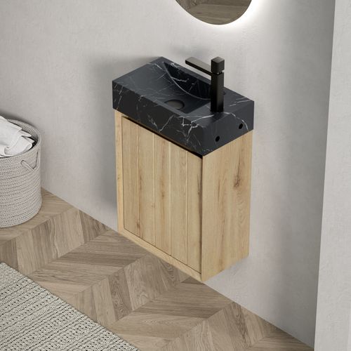 Meuble Lavabo Mural Compact Avec Vasque Intégrée En Marbre Noir Naturel Et Porte Chêne