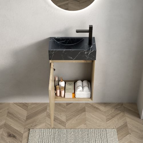 Meuble Lavabo Mural Compact Avec Vasque Intégrée En Marbre Noir Naturel Et Porte Chêne