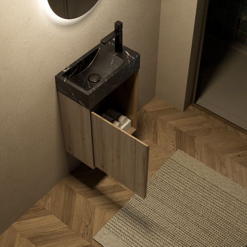 Meuble Lavabo Mural Compact Avec Vasque Intégrée En Marbre Noir Naturel Et Porte Chêne