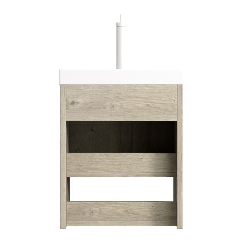 Meuble Lavabo Avec Vasque Céramique Blanche Intégrée, Façades Bois Chêne Et Étagère Ouverte