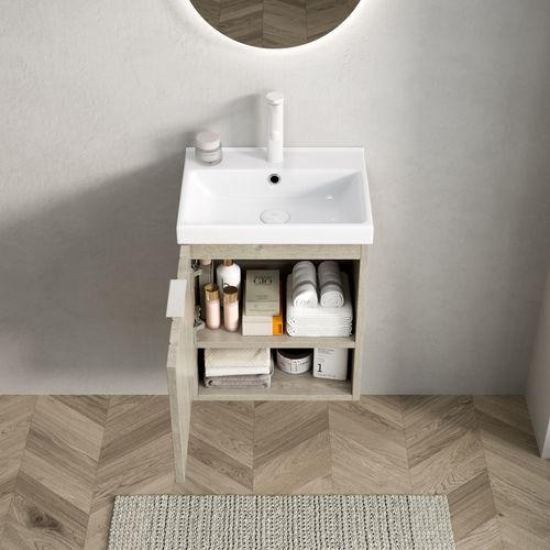 Meuble Lavabo Avec Vasque Céramique Blanche Intégrée, Façades Bois Chêne Et Étagère Ouverte