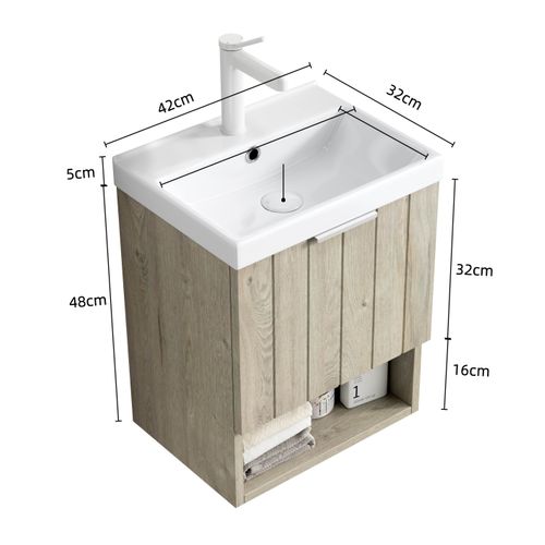 Meuble Lavabo Avec Vasque Céramique Blanche Intégrée, Façades Bois Chêne Et Étagère Ouverte