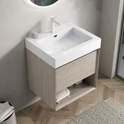 Meuble De Salle De Bain 55 Cm Chêne Clair, Vasque Monobloc Résine Blanche Brillante, Style Épuré