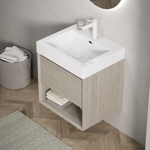 Meuble De Salle De Bain 55 Cm Chêne Clair, Vasque Monobloc Résine Blanche Brillante, Style Épuré
