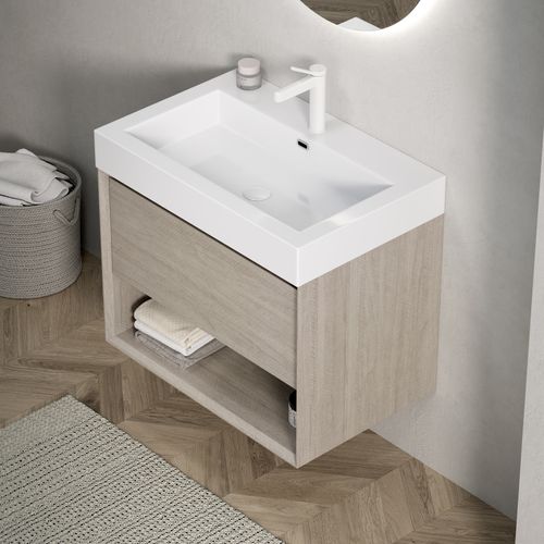 Meuble Lavabo Mural 70 Cm En Chêne Clair, Plan Vasque Monobloc En Résine Blanche, Tiroir Massif