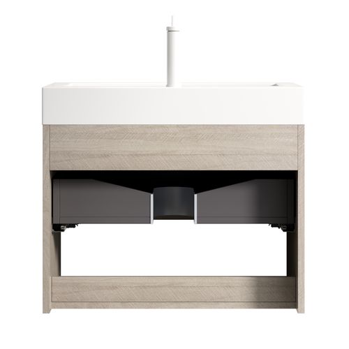 Meuble Lavabo Mural 70 Cm En Chêne Clair, Plan Vasque Monobloc En Résine Blanche, Tiroir Massif