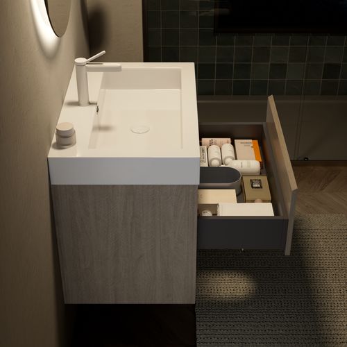 Meuble Lavabo Mural 70 Cm En Chêne Clair, Plan Vasque Monobloc En Résine Blanche, Tiroir Massif