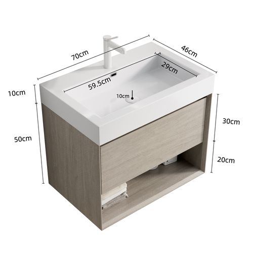 Meuble Lavabo Mural 70 Cm En Chêne Clair, Plan Vasque Monobloc En Résine Blanche, Tiroir Massif