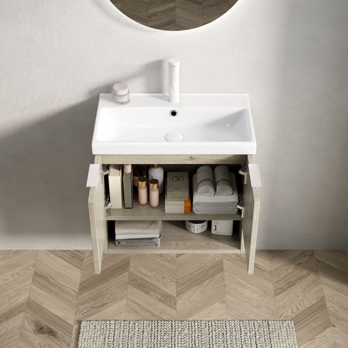 Meuble Lavabo Mural En Céramique Blanche, Façade Chêne Crème, 2 Portes Et Étagère Ouverte