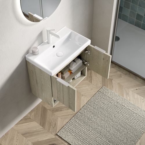 Meuble Lavabo Mural En Céramique Blanche, Façade Chêne Crème, 2 Portes Et Étagère Ouverte