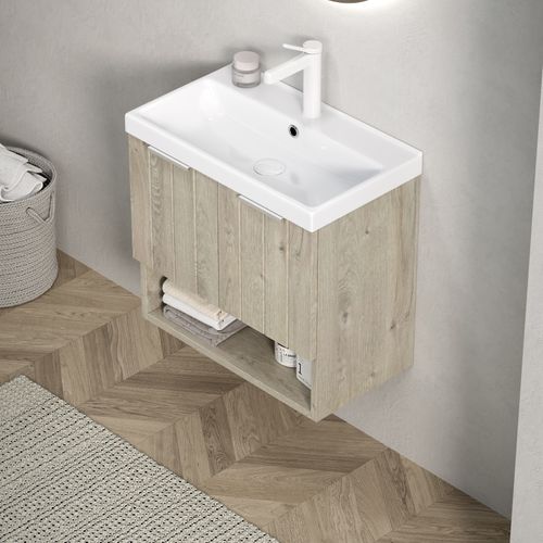 Meuble Lavabo Mural En Céramique Blanche, Façade Chêne Crème, 2 Portes Et Étagère Ouverte