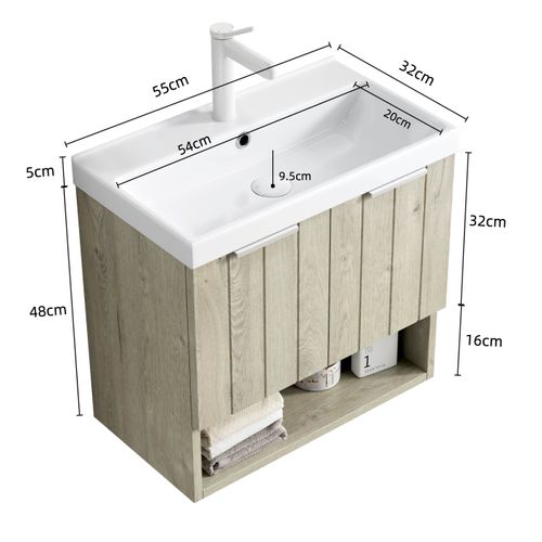 Meuble Lavabo Mural En Céramique Blanche, Façade Chêne Crème, 2 Portes Et Étagère Ouverte