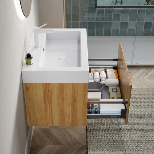 Meuble De Salle De Bain 70 Cm En Résine Blanche Et Façade Bois Naturel, Vasque Intégrée