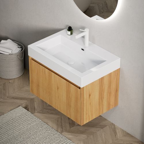 Meuble De Salle De Bain 70 Cm En Résine Blanche Et Façade Bois Naturel, Vasque Intégrée