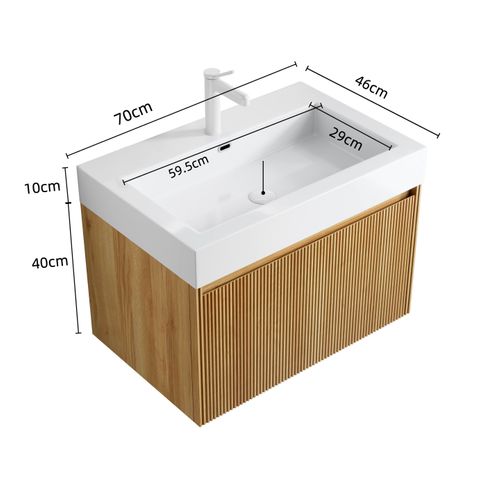 Meuble De Salle De Bain 70 Cm En Résine Blanche Et Façade Bois Naturel, Vasque Intégrée