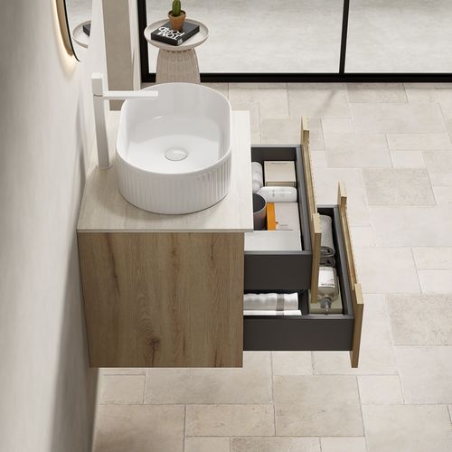 Meuble Vasque Élégant Avec Vasque Ovale En Céramique Et Plan Travertin En Pierre Frittée