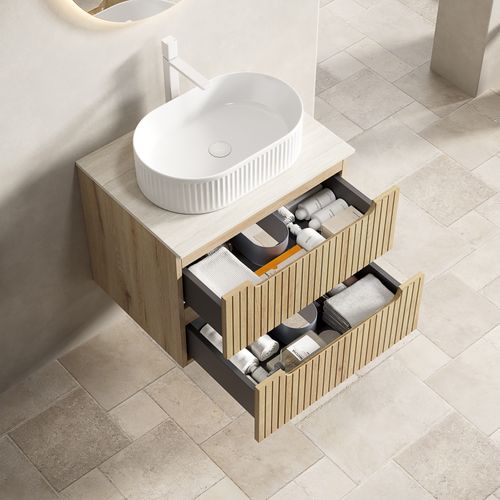 Meuble Vasque Élégant Avec Vasque Ovale En Céramique Et Plan Travertin En Pierre Frittée