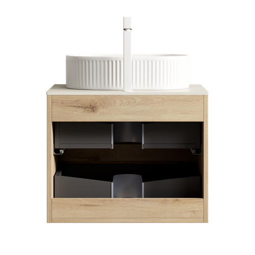 Meuble Vasque Élégant Avec Vasque Ovale En Céramique Et Plan Travertin En Pierre Frittée