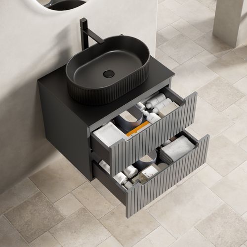 Meuble Vasque Suspendu En Pierre Sintrée Et Lavabo Céramique, Finition Bois Ou Gris Foncé