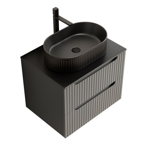 Meuble Vasque Suspendu En Pierre Sintrée Et Lavabo Céramique, Finition Bois Ou Gris Foncé