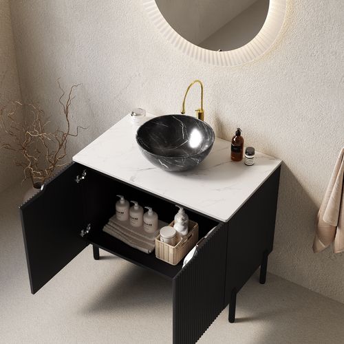 Meuble Vasque 76 Cm Noir Avec Vasque Céramique à Motif Pierre Et Plan En Pierre Sintrée