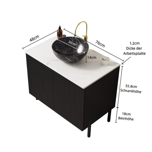 Meuble Vasque 76 Cm Noir Avec Vasque Céramique à Motif Pierre Et Plan En Pierre Sintrée