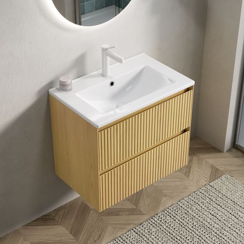 Meuble Sous-vasque 61 Cm En Chêne Doré Et Céramique Blanche, Vasque Intégrée, 2 Tiroirs Massifs