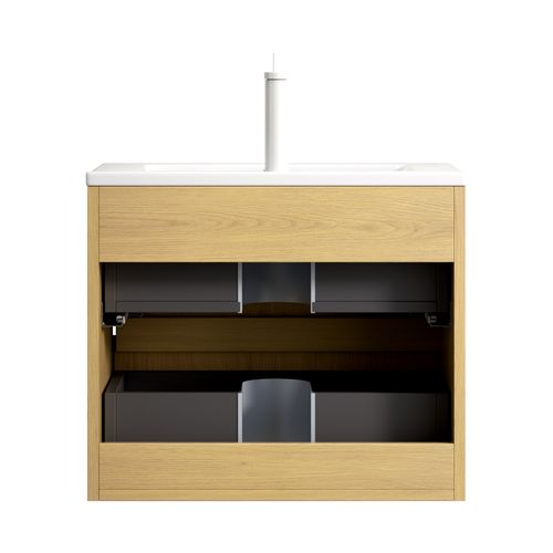 Meuble Sous-vasque 61 Cm En Chêne Doré Et Céramique Blanche, Vasque Intégrée, 2 Tiroirs Massifs