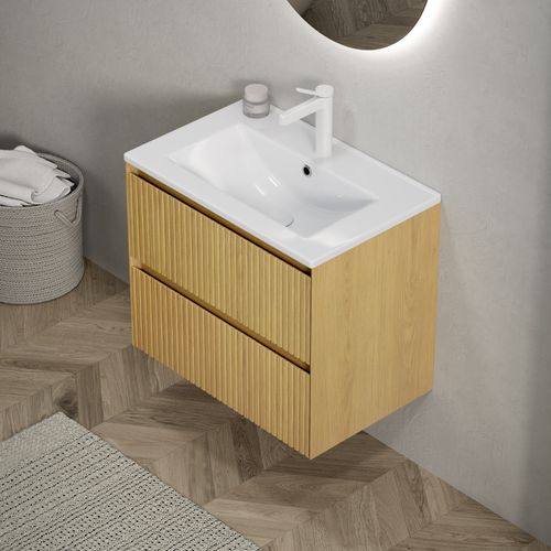 Meuble Sous-vasque 61 Cm En Chêne Doré Et Céramique Blanche, Vasque Intégrée, 2 Tiroirs Massifs