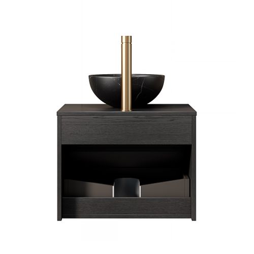 Meuble Lavabo 60 Cm Noir En Céramique Effet Pierre, Tiroir Bois Massif Et LED Sensorielle