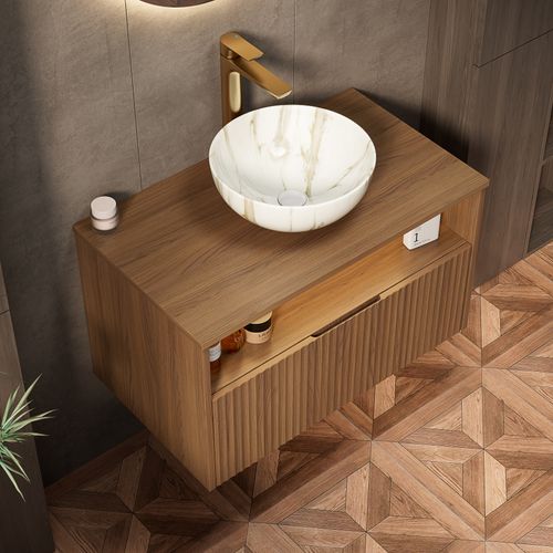 Meuble Vasque Suspendu 80 Cm En Chêne Brun Et Céramique, Tiroir Massif à Fermeture Douce