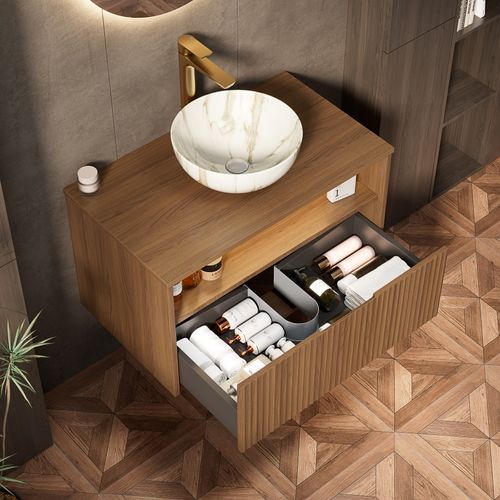 Meuble Vasque Suspendu 80 Cm En Chêne Brun Et Céramique, Tiroir Massif à Fermeture Douce