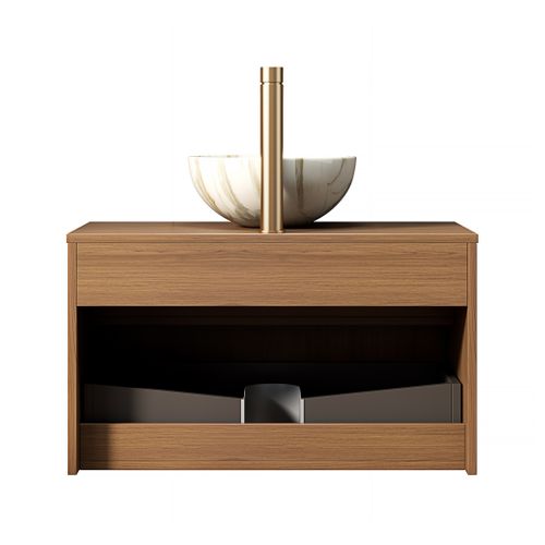 Meuble Vasque Suspendu 80 Cm En Chêne Brun Et Céramique, Tiroir Massif à Fermeture Douce