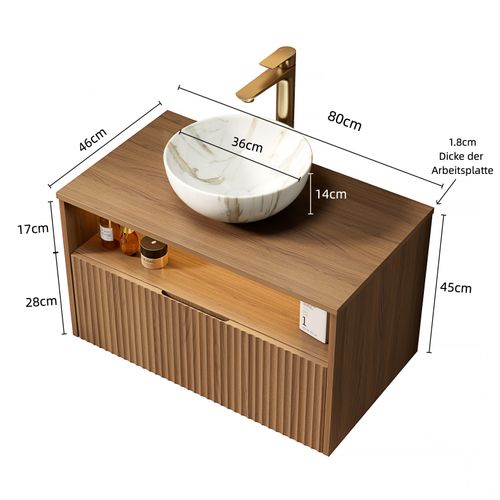 Meuble Vasque Suspendu 80 Cm En Chêne Brun Et Céramique, Tiroir Massif à Fermeture Douce