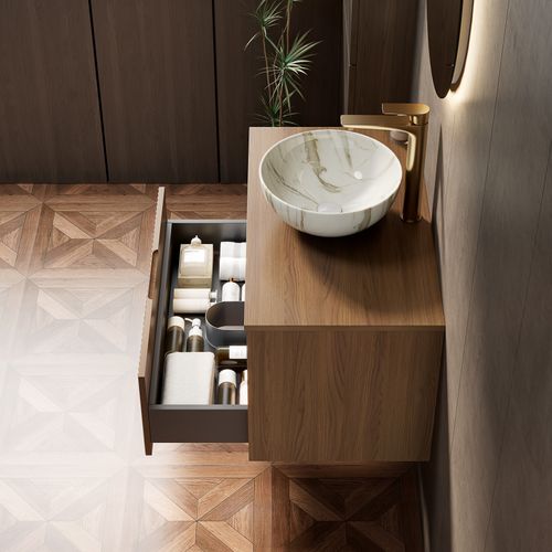 Meuble Vasque Suspendu 80 Cm En Chêne Brun Et Céramique, Tiroir Massif à Fermeture Douce