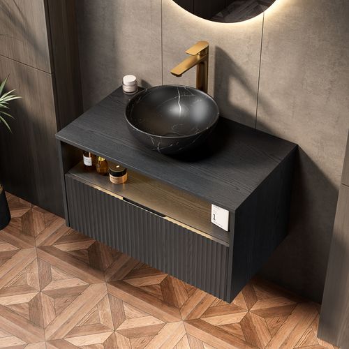 Meuble De Salle De Bains Suspendu Noir Avec Vasque Céramique Et Éclairage à Détection
